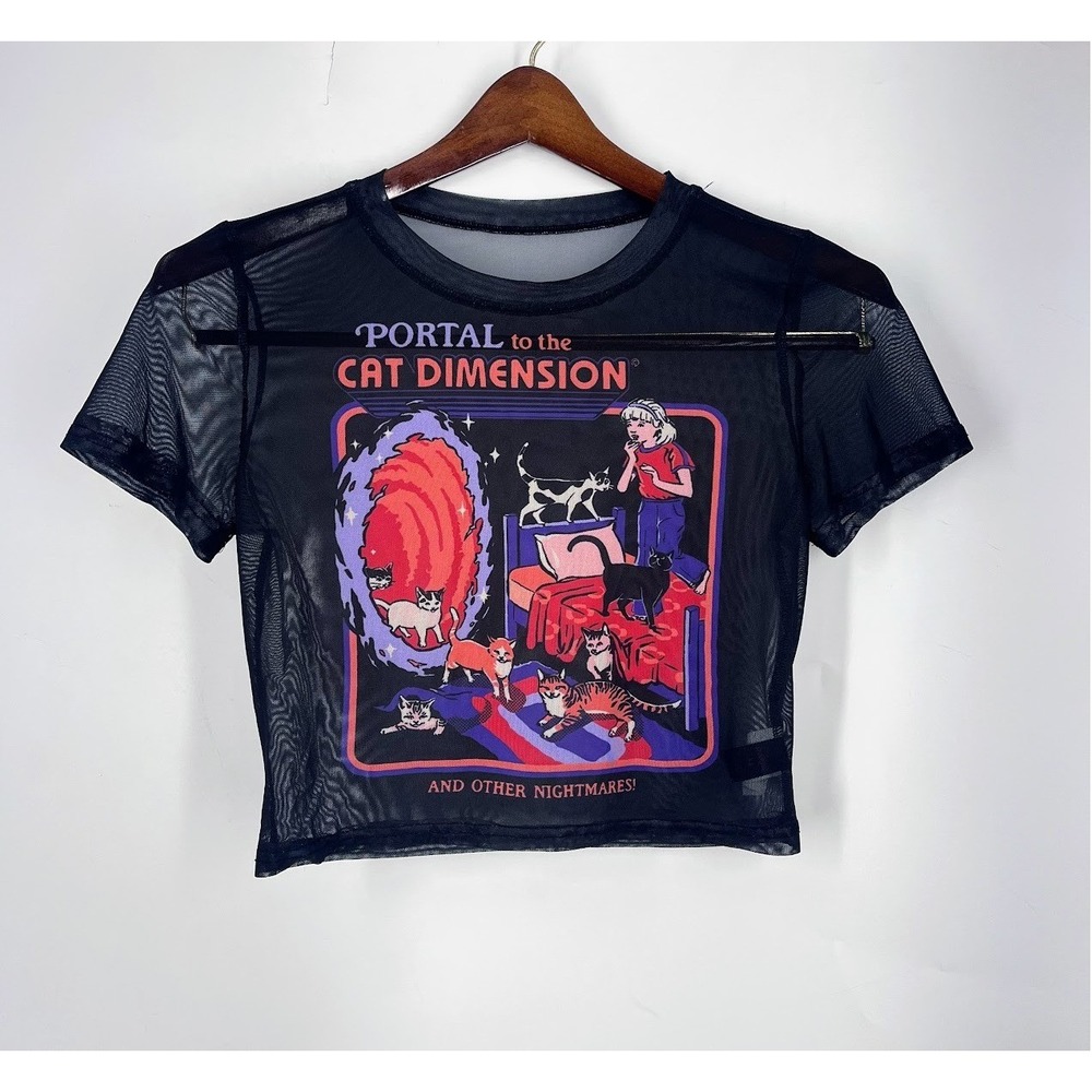 Romwe Portal to the Cat Dimension Mesh Crop Top Black Graphic Tee Womens M